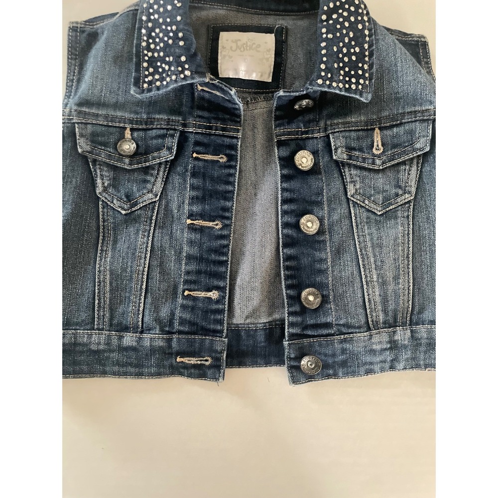 Justice Girls Blue Denim Vest Rhinestone Collar Cropped Jean Jacket Size 10 - Picture 4 of 8